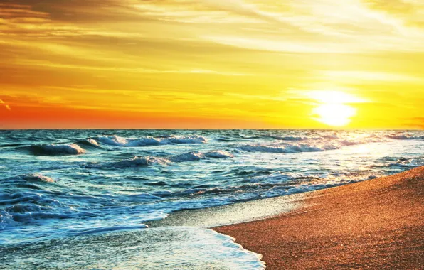 Sand, sea, beach, the sky, the sun, sunset, shore, summer