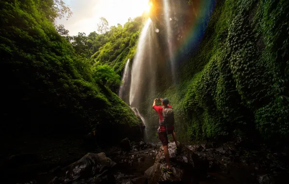 People, waterfall, photographer, male, shooting, in the mountains, tourist