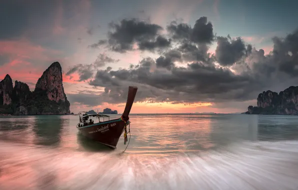 Thailand, Beach, Sunset, Long Tail Boat, West Railay Bay
