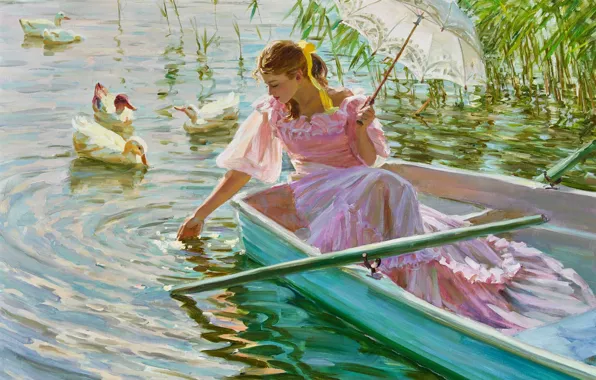 Girl, lake, umbrella, boat, Alexander Averin