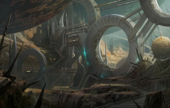 Picture planet, construction, ring, station, art, fantasy world