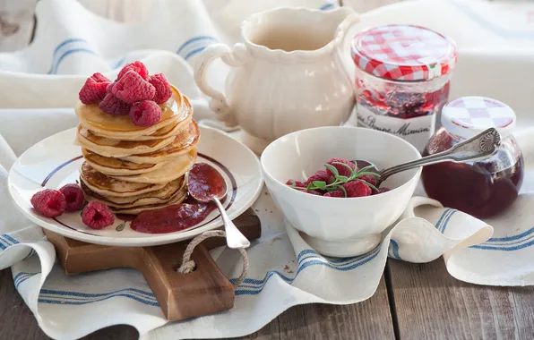Raspberry, jam, raspberry, jam, pancakes, pancakes, Breakfast, Breakfast