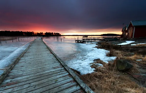 Picture landscape, bridge, lake, home, ice