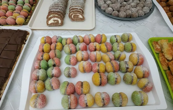Chocolate, cakes, shredded coconut