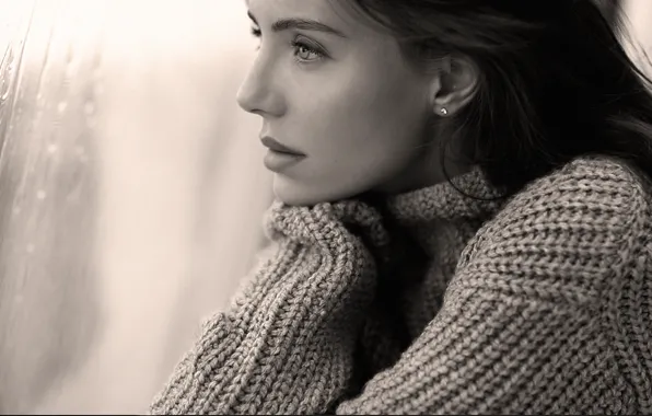 Picture look, girl, rain, window, black and white, sweater
