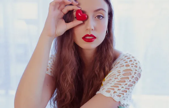 Picture look, girl, face, hair, lipstick, hearts