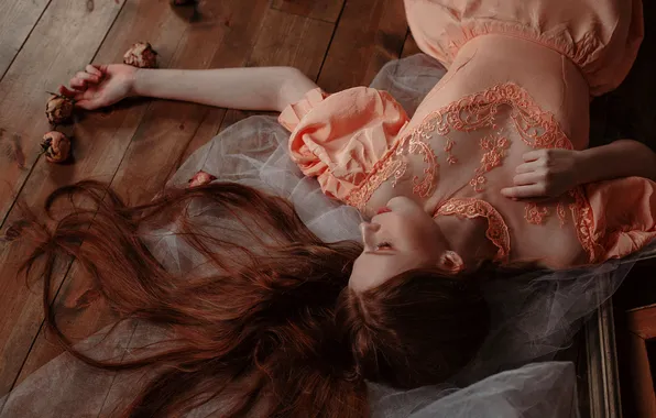 Picture girl, pose, style, Board, hands, floor, lies, brown hair