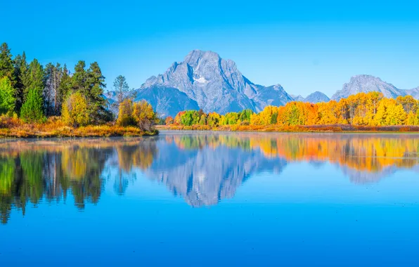 Picture autumn, forest, the sky, water, the sun, trees, mountains, reflection