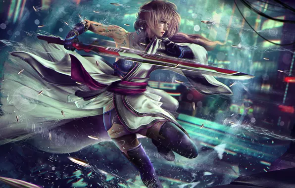Girl, fantasy, fiction, sword, bullet, dress, blonde, cyberpunk