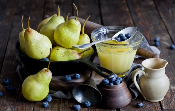 Picture photo, Glass, Fruit, Spoon, Honey, Food, Pear, Blueberries