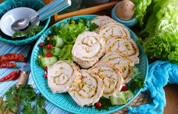 Meat, salad, roll, Turkey, mustard