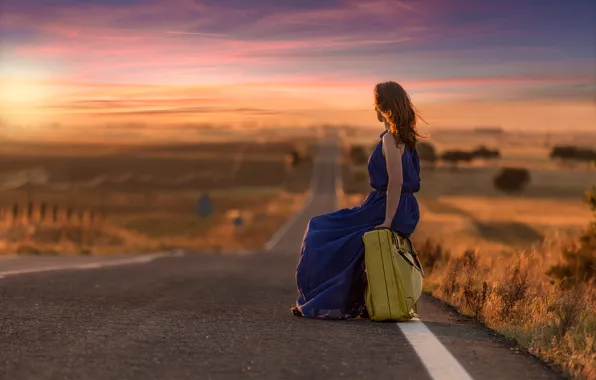 Picture road, girl, the way, space, suitcase, Journey to Dreamland, Pedro Quintela