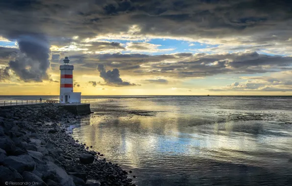 Sea, clouds, coast, lighthouse, Iceland
