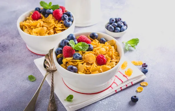 Berries, raspberry, Breakfast, blueberries, cereal, milk, Iryna Melnyk