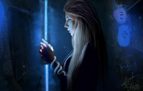 Girl, Night, Neon, Lamp, Girl, Fantasy, Art, Art
