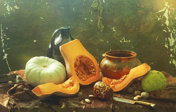Knife, pumpkin, pot, pitcher, nuts, still life, items, composition