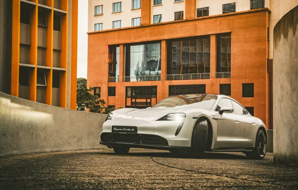 White, Car, Parking, Porsche Taycan Turbo S