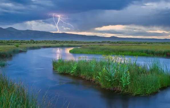 Picture mountains, nature, river, element, lightning