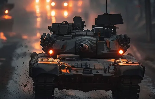 Picture Road, Lights, Night, Dirt, Tank, Digital art, AI art, The Art of Artificial Intelligence