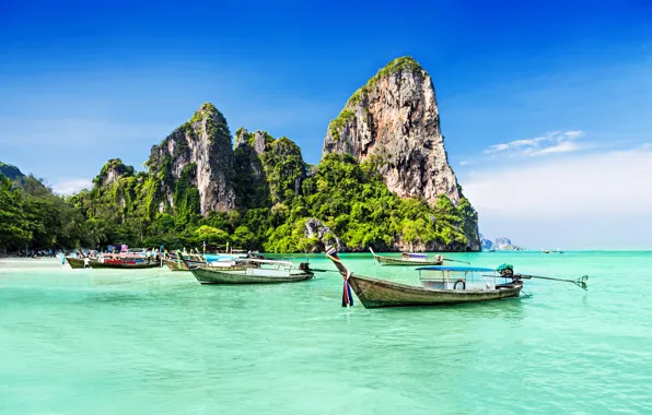 Sea, trees, rocks, coast, boats, trees, coast, rocks