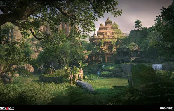 Forest, mountains, temple, Uncharted The Lost Legacy, Intro to Western Ghats