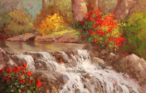 Picture water, trees, river, waterfall, art, the bushes