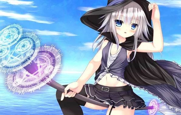Picture sea, look, girl, smile, magic, witch, broom, art