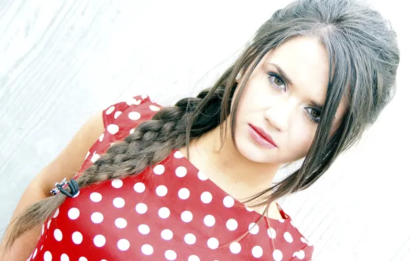Look, girl, eyelashes, hair, polka dot, makeup, dress, braid