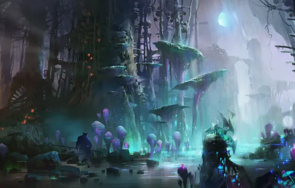 Forest, trees, darkness, the moon, mystic, art, the full moon