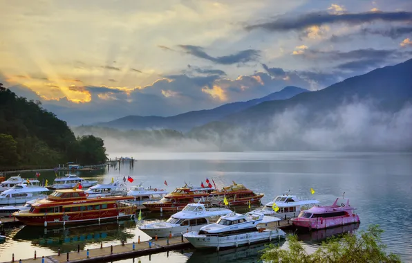 Picture the sky, clouds, rays, mountains, lake, ships, pier, boat