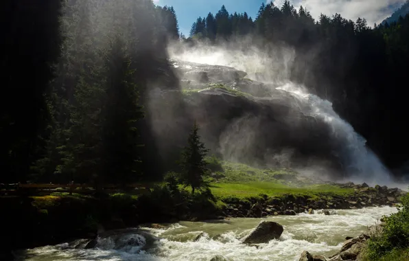 Picture greens, forest, water, light, mountains, fog, river, the dark background