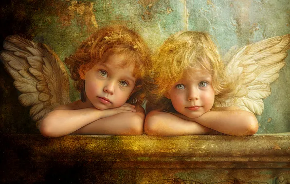 Look, children, girls, portrait, wings, angel, texture, angels