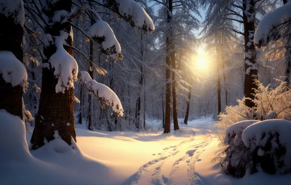 Winter, frost, road, forest, light, snow, trees, nature