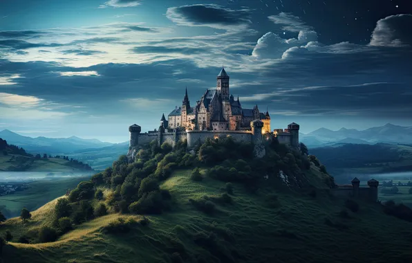Forest, the sky, clouds, mountains, night, fog, castle, height