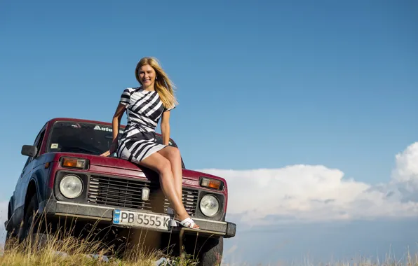 Picture girl, smile, dress, blonde, car, sandals, Ivan Georgiev