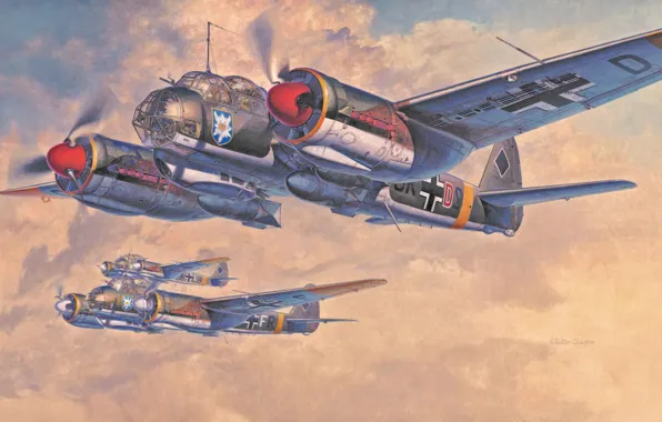 War, art, painting, aviation, WW2, german bomber, Junkers Ju 88