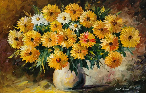 Flowers, bouquet, vase, painting, Leonid Afremov