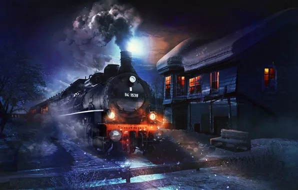 Winter, snow, night, house, the engine, locomotive