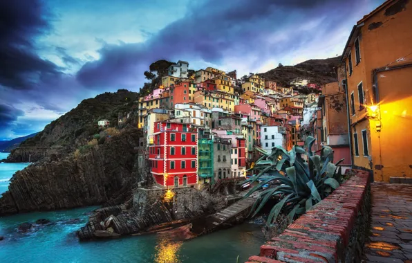 Sea, landscape, clouds, the city, rocks, home, boats, the evening