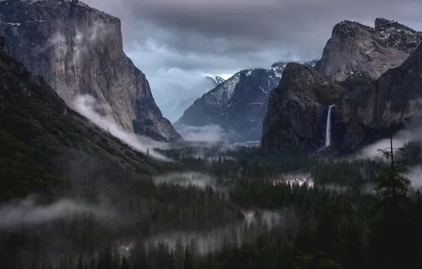 The sky, trees, mountains, clouds, nature, fog, rocks, USA