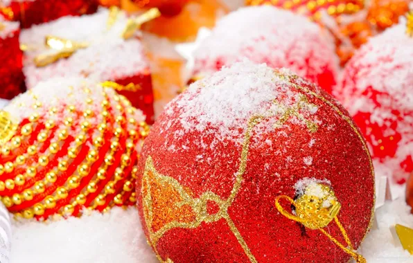 Picture color, snow, decoration, red, gold, holiday, balls, braid