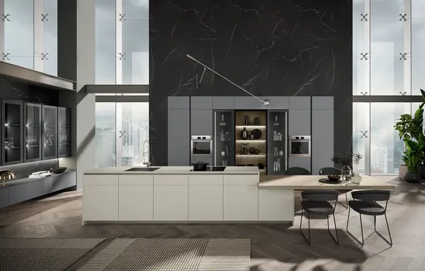 Style, interior, kitchen, megapolis, apartments, skyscraper, dining room, dining area
