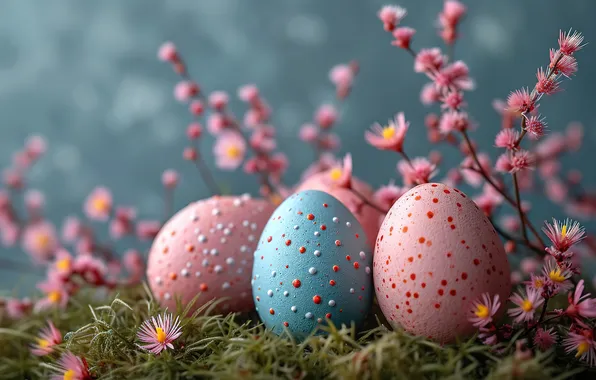 Flowers, eggs, spring, colorful, Easter, happy, pink, flowers