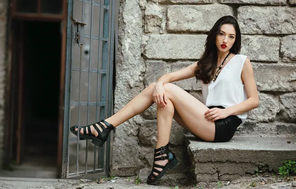 Girl, stone, young, beautiful, door, sitting