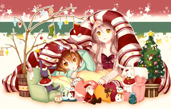 Picture balls, girls, tree, holiday, toys, ball, anime, art