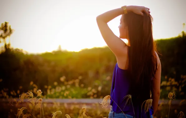 Girl, sunset, hair, watch, brunette