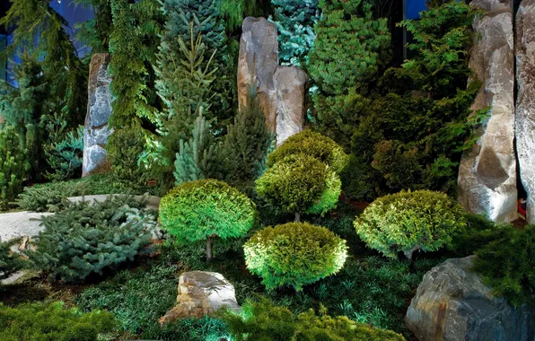 Design, Park, stones, tree, USA, the bushes, Kansas City, Powell Gardens