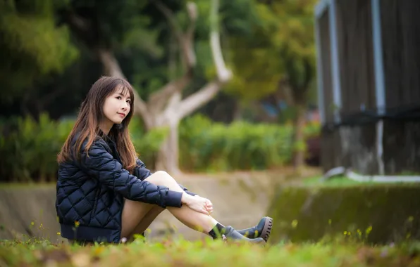 Grass, girl, Asian, sitting, cutie, bokeh