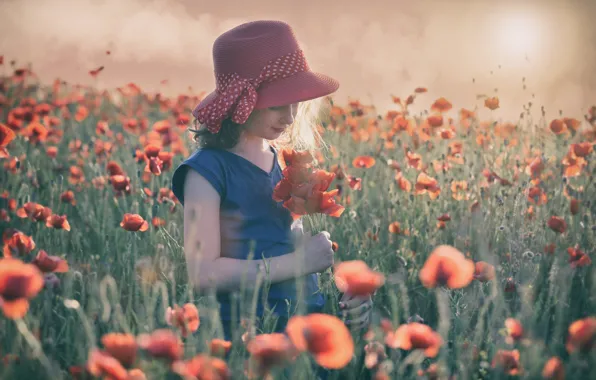 Summer, the sun, flowers, mood, Maki, meadow, girl, hat
