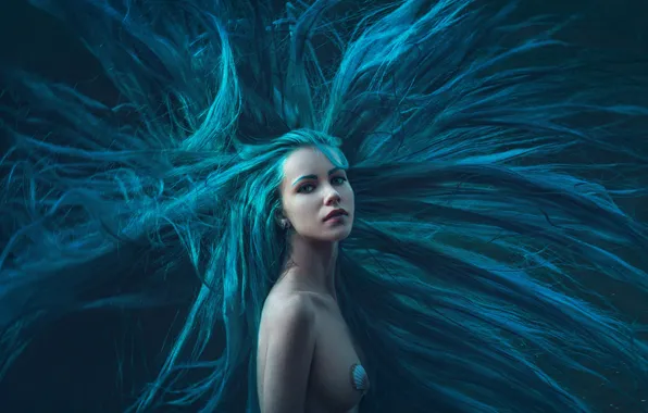 Chest, girl, style, mermaid, shell, blue hair, cosplay, Eva Wald